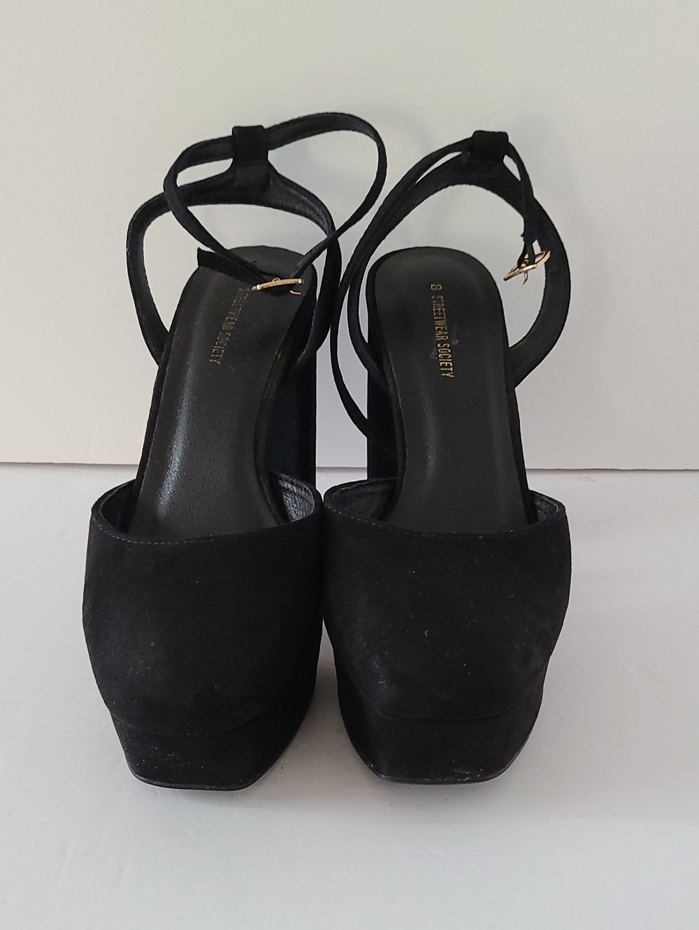 STREETWEAR SOCIETY BLACK SUEDE PLATFORM BLOCK HEEL -ANKLE STRAP- SANDALS- SIZE 8